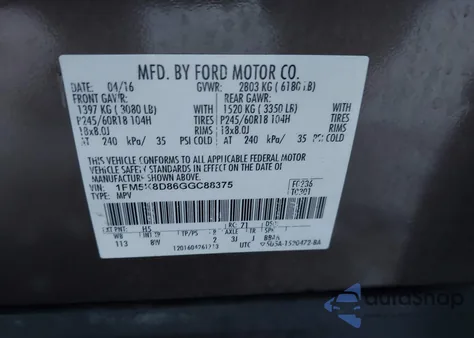 2016 Ford Explorer Xlt из США, поврежденный, VIN 1FM5K8D86GGC88375